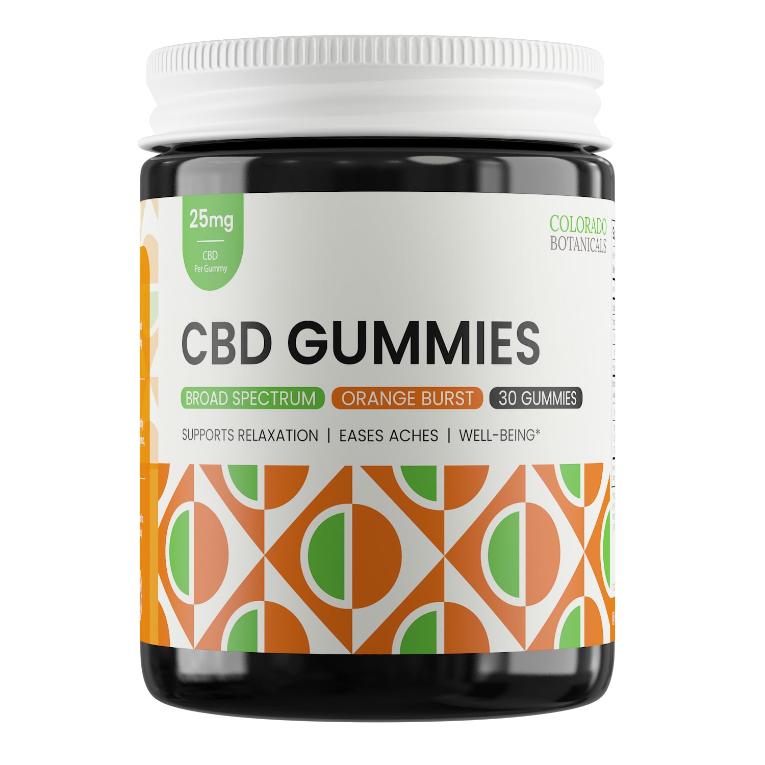 A jar labeled CBD Gummies with 25mg per gummy, broad spectrum orange burst flavor, containing 30 gummies. The label mentions relaxation, easing aches, and well-being benefits.
