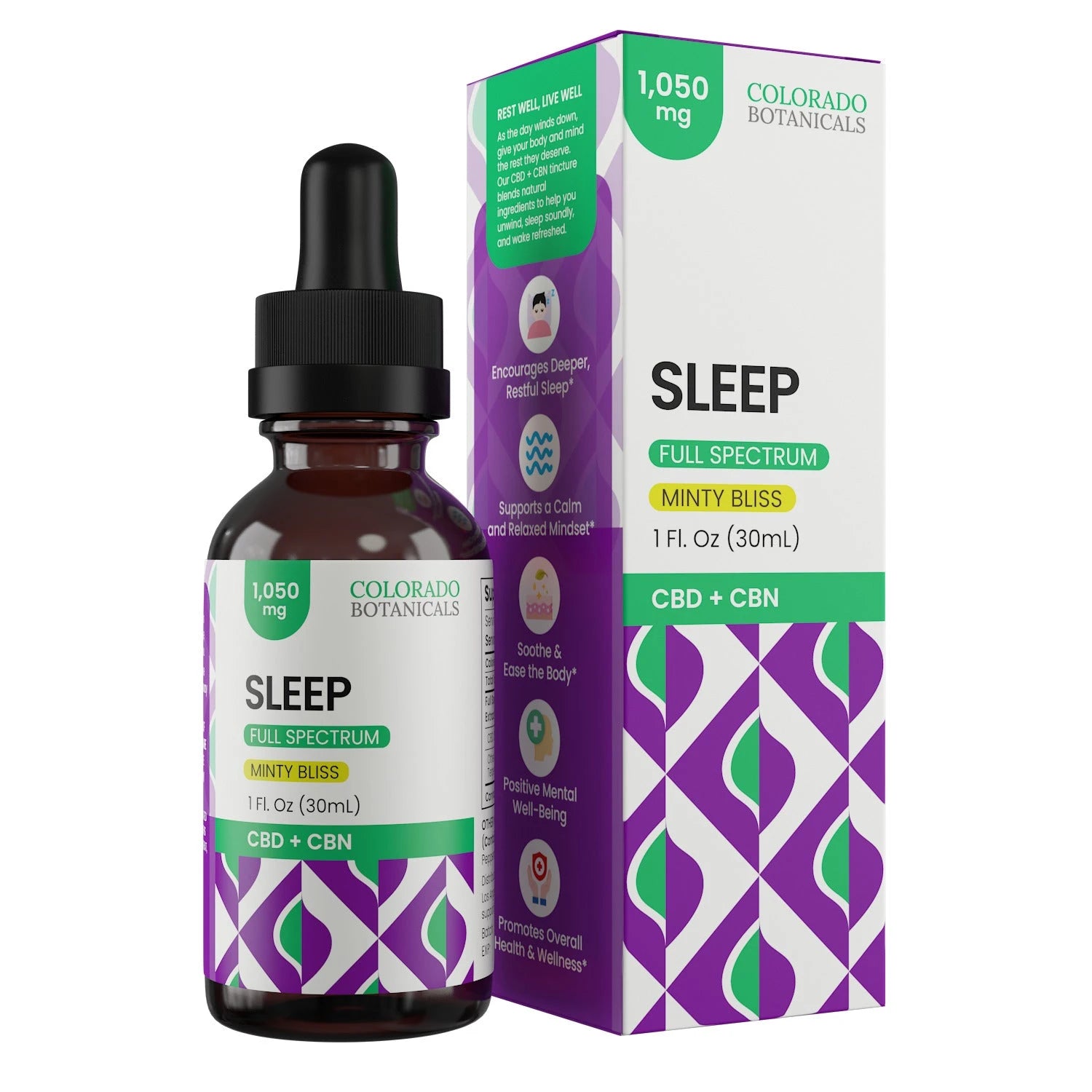 A 1 fl oz bottle of Colorado Botanicals Full Spectrum Sleep CBD + CBN Minty Bliss drops is shown next to its colorful box, labeled 1050 mg and designed for sleep support.