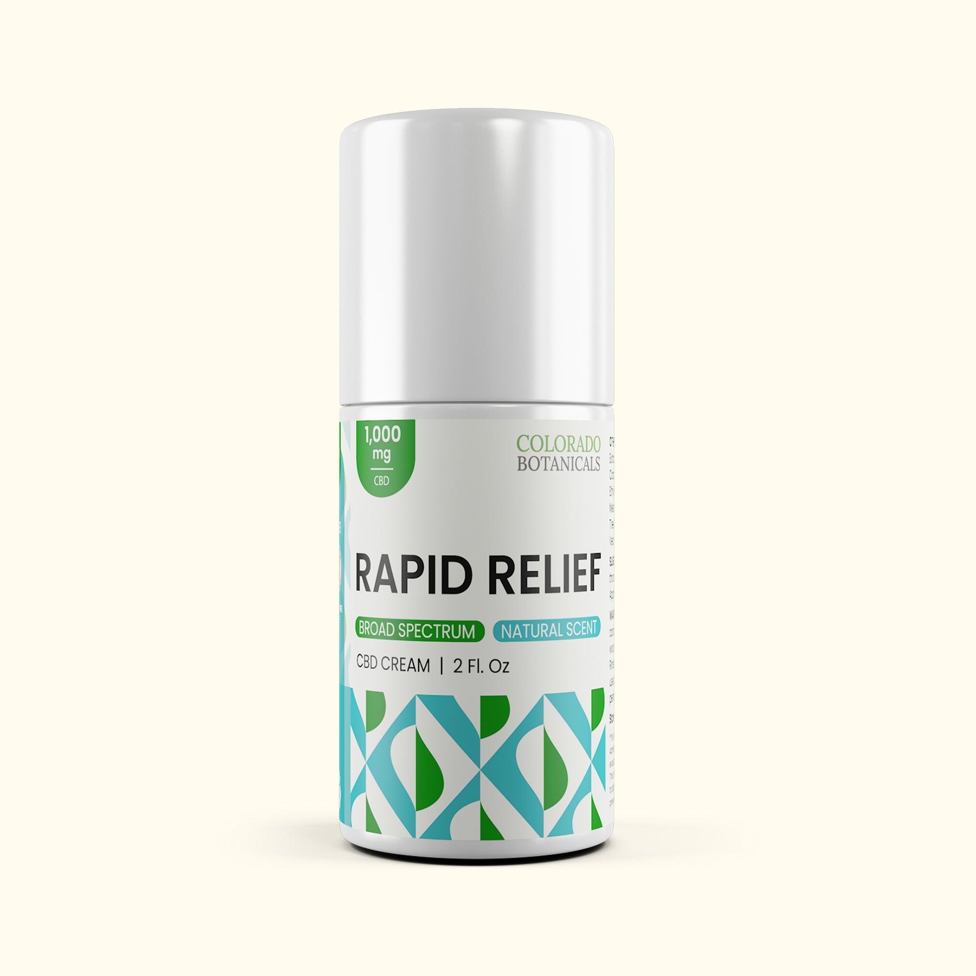 A 2 fl. oz. bottle of Colorado Botanicals Rapid Relief broad spectrum CBD cream, featuring a natural scent and 1,000 mg CBD, with a white cap and green geometric design.