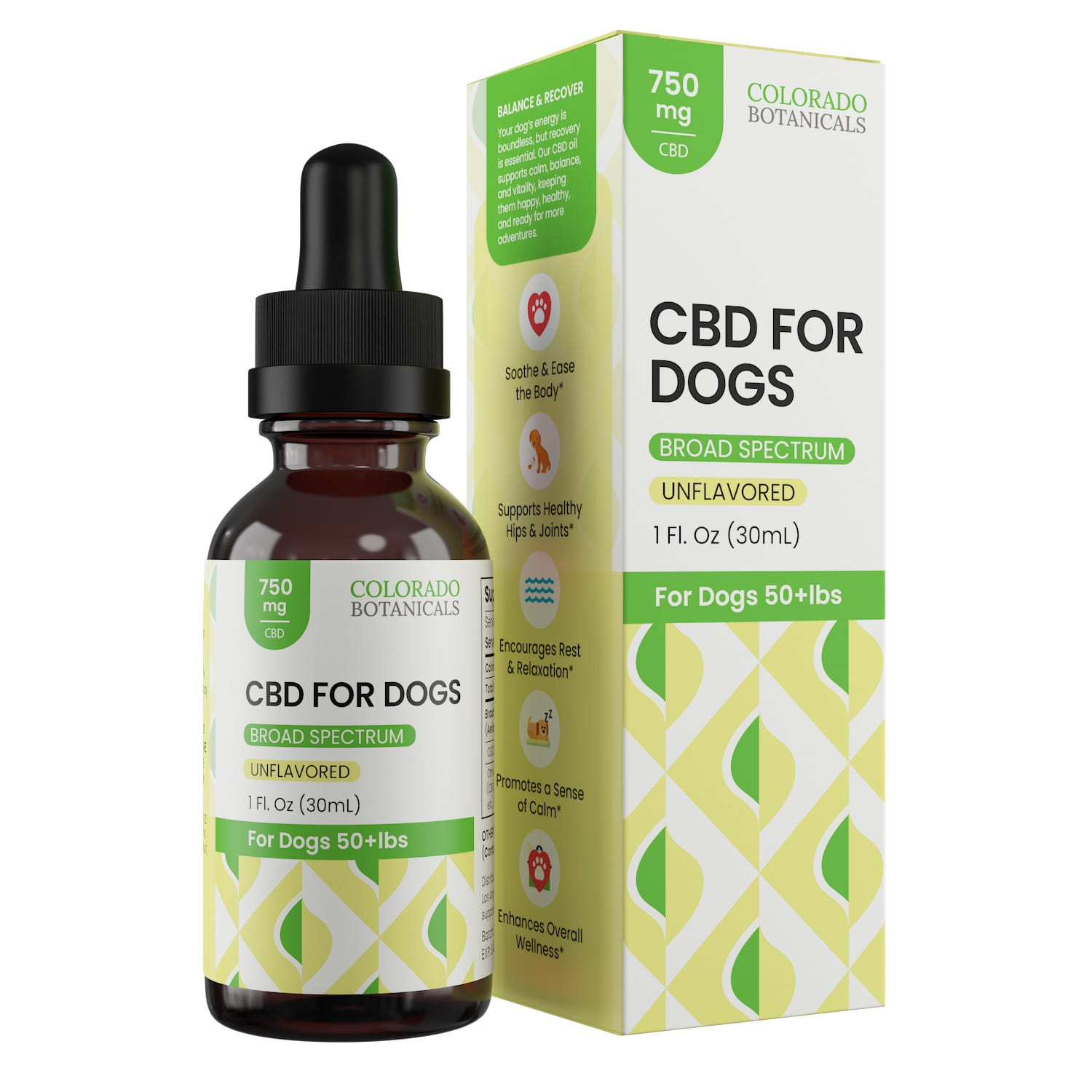 A 1 fl oz (30ml) bottle and box of Colorado Botanicals CBD for Dogs, broad spectrum, unflavored, 750mg, for dogs 50+ lbs.