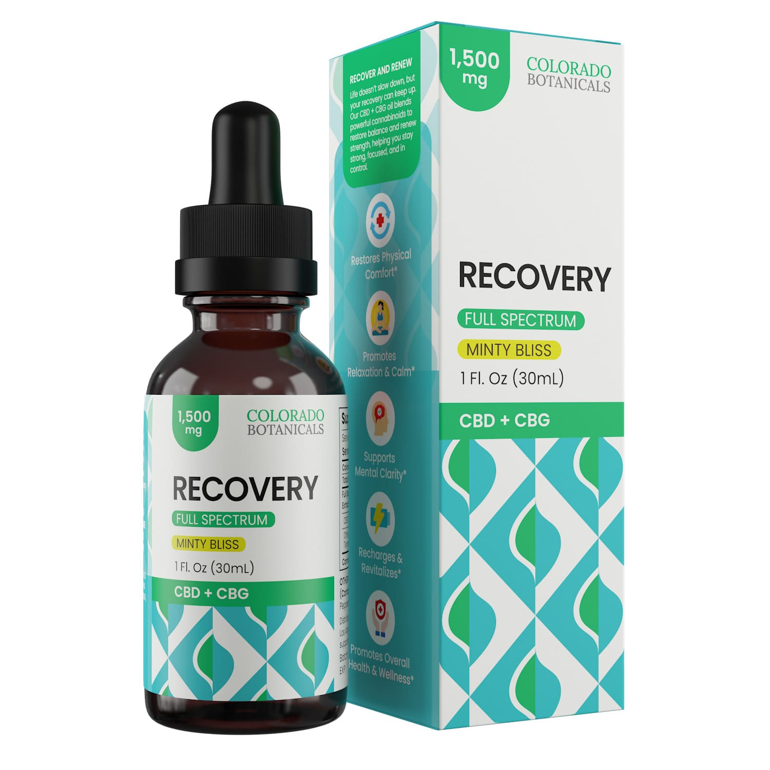 A 30ml bottle of Colorado Botanicals Recovery Full Spectrum CBD + CBG oil, Minty Bliss flavor, 1500mg, shown next to its product box.