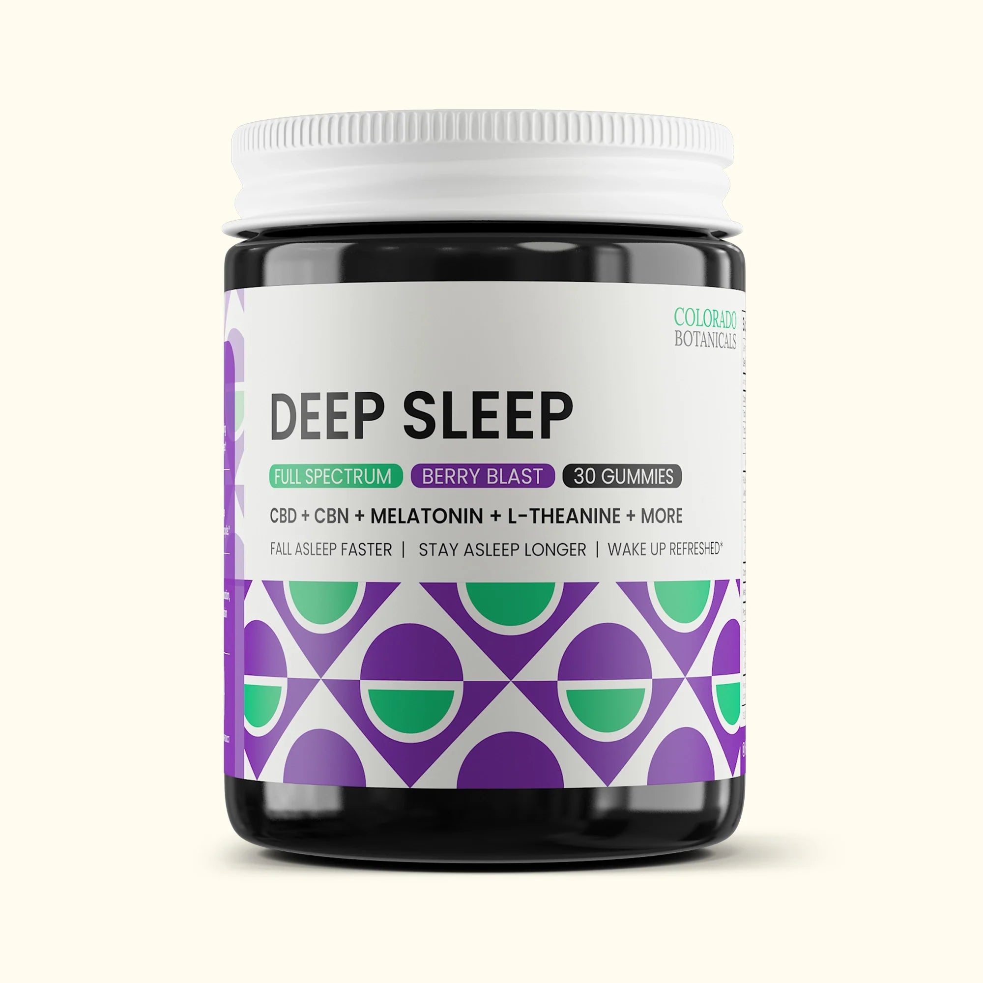 A jar labeled Deep Sleep berry blast gummies with CBD, CBN, melatonin, L-theanine, and more; 30 gummies. The jar has a geometric purple and green design.