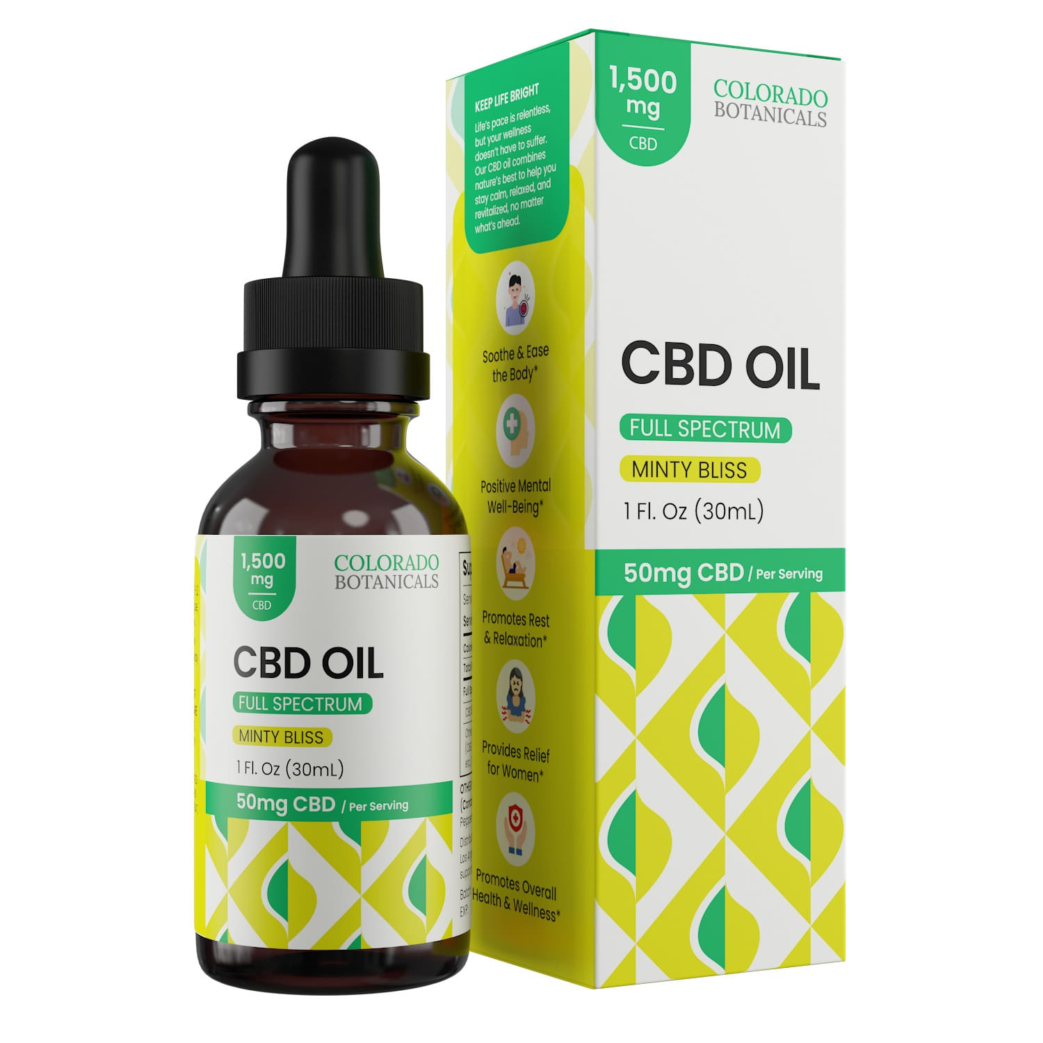 A 30ml bottle of Colorado Botanicals CBD Oil Full Spectrum Minty Bliss (1500mg, 50mg/serving) next to its packaging, which highlights benefits and product info.