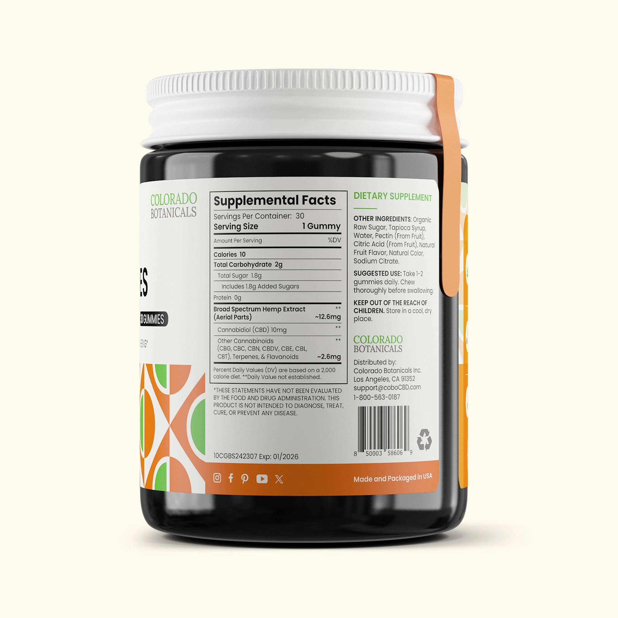 Colorado Botanicals 10mg CBD Gummies for Pain Anxiety Sleep Organic Vegan Gluten-Free Gummy Supplemental Facts View Orange Flavor