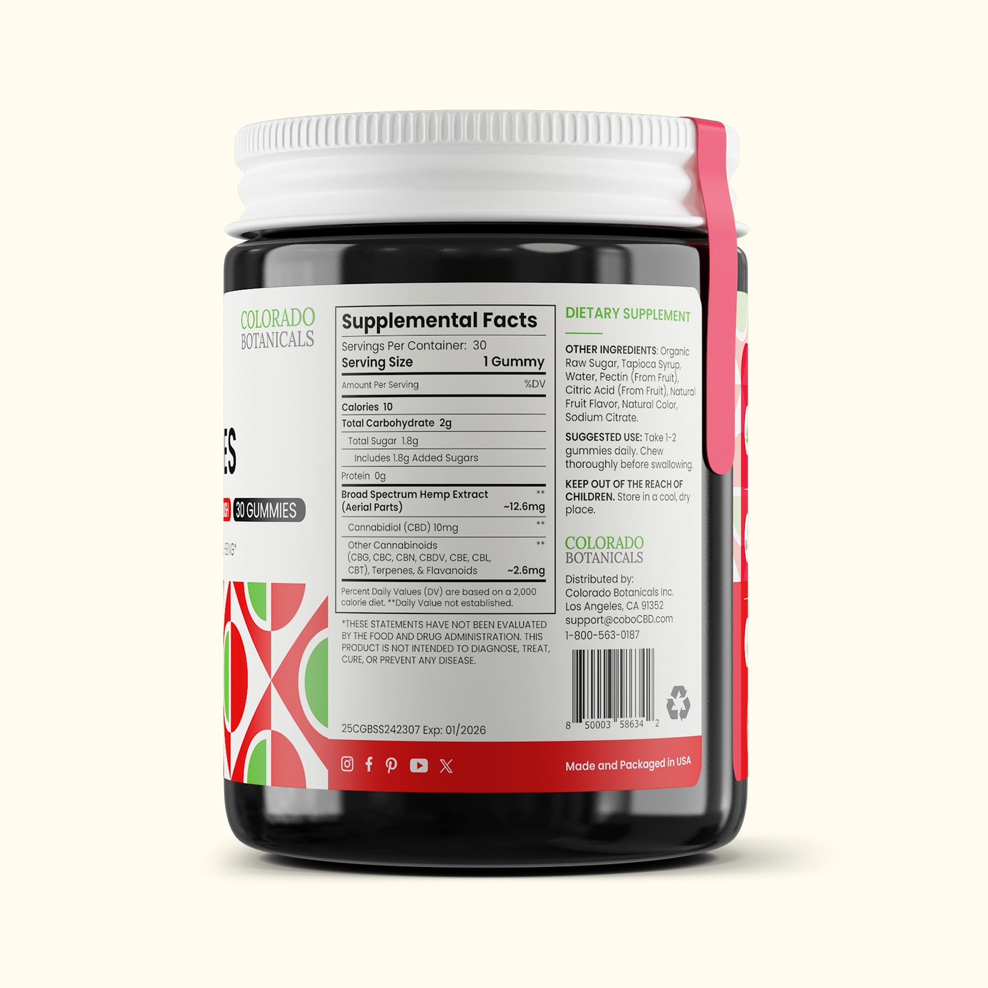 Colorado Botanicals 10mg CBD Gummies for Pain Anxiety Sleep Organic Vegan Gluten-Free Gummy Supplemental Facts View Strawberry Flavor