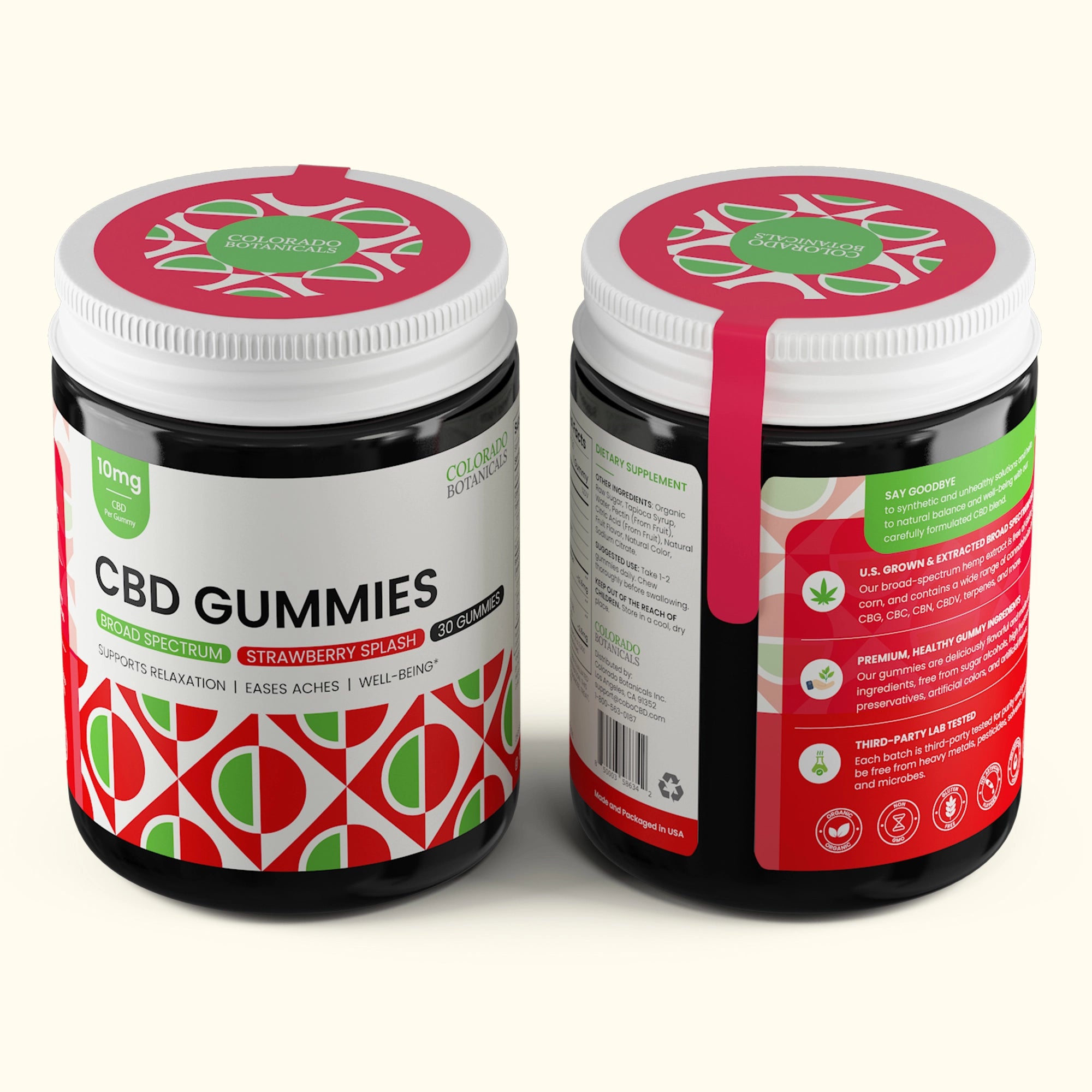 Colorado Botanicals 10mg CBD Gummies for Pain Anxiety Sleep Organic Vegan Gluten-Free Gummy Top View Strawberry Flavor