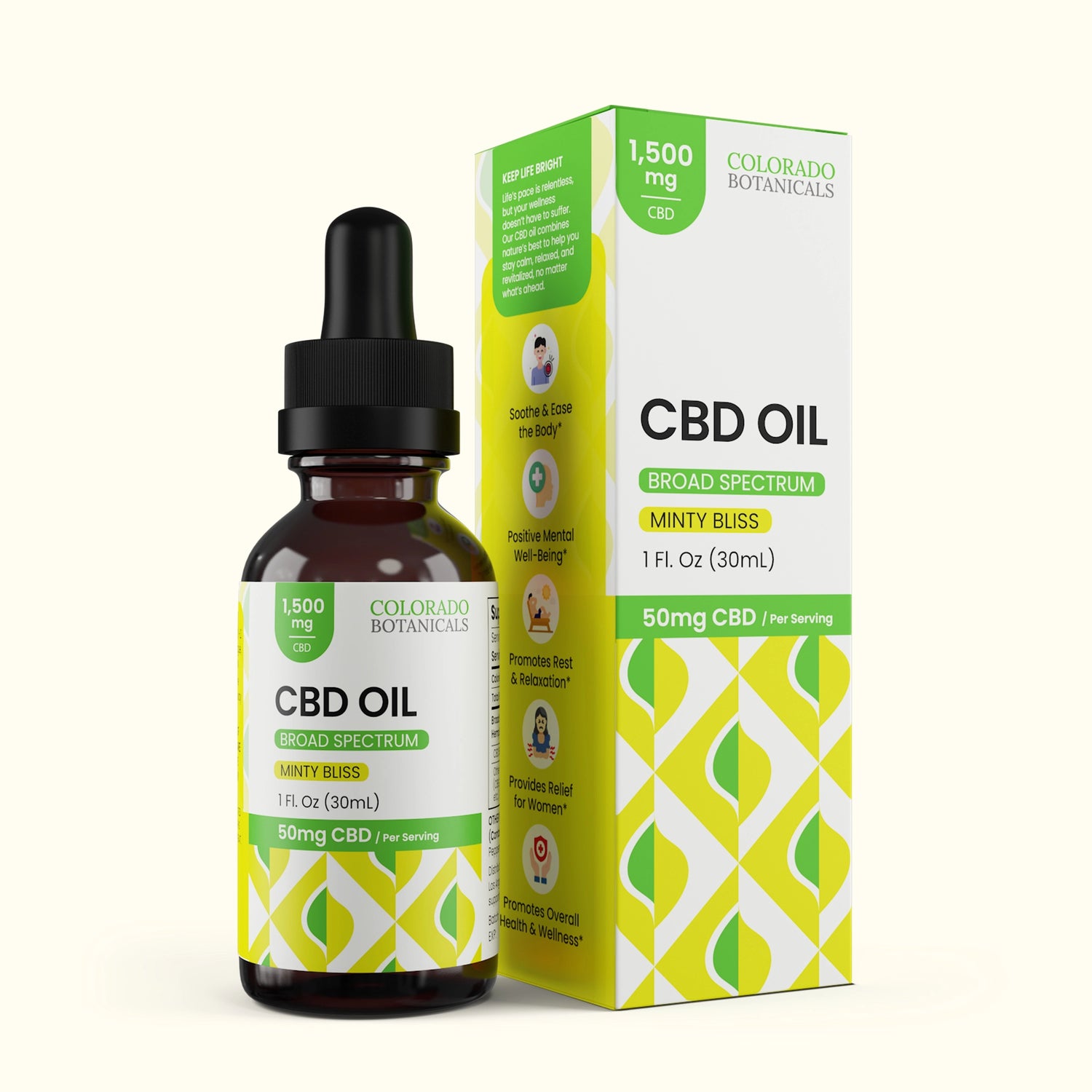 Colorado Botanicals 1,500mg Broad Spectrum CBD Oil front view hemp oil Minty Bliss Peppermint Flavor