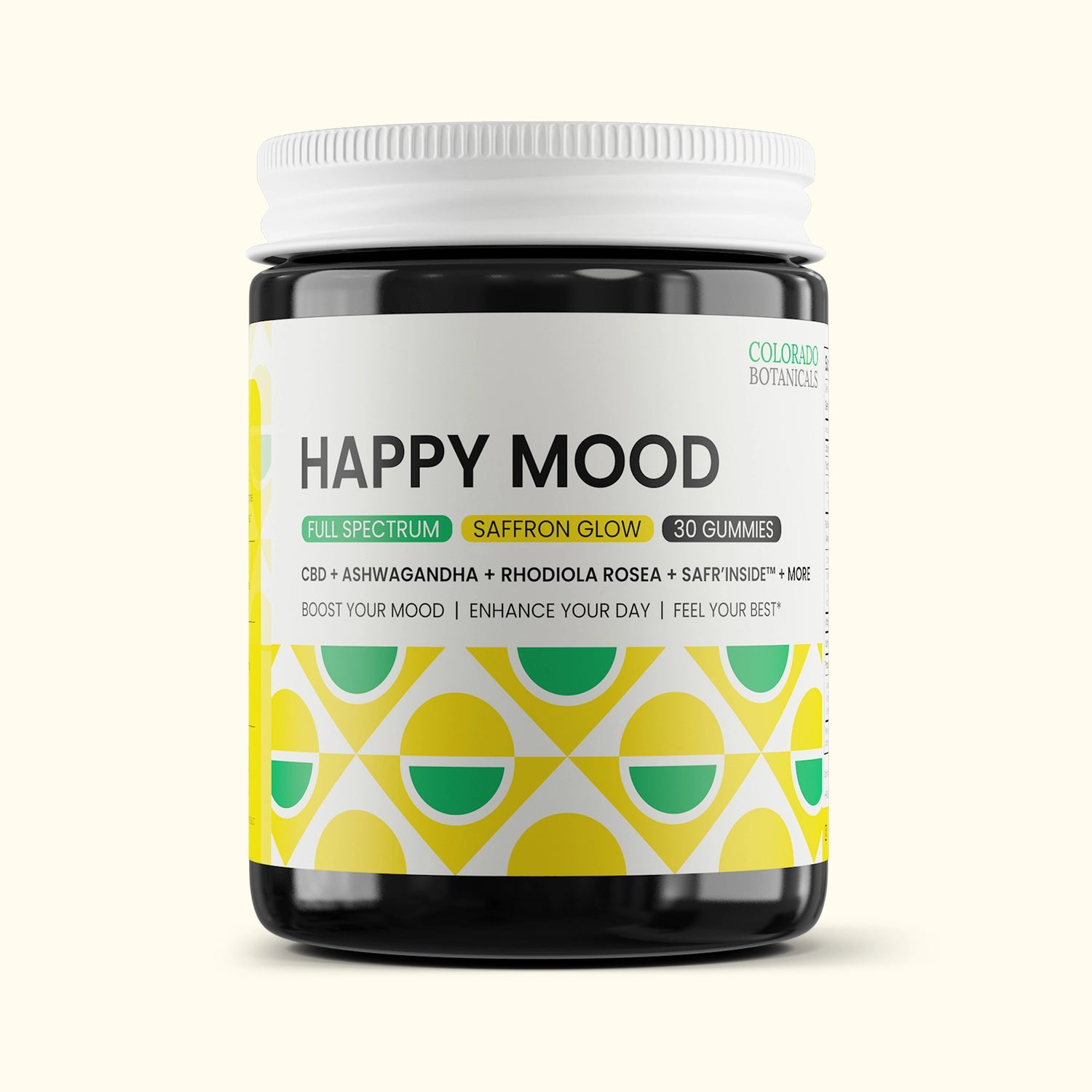 Front view of Colorado Botanicals Happy Mood Gummies with CBD Ashwagandha Saffron to promote mood enhancing effects