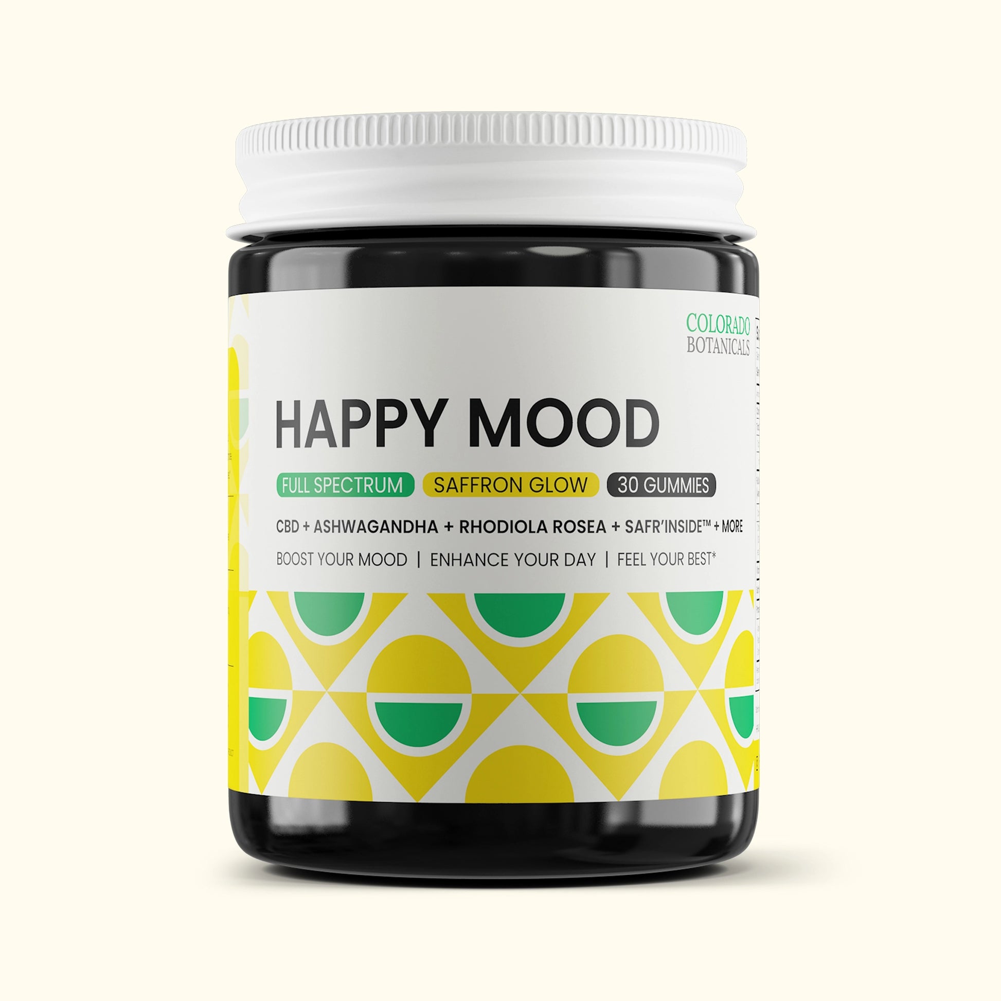Front view of Colorado Botanicals Happy Mood Gummies with CBD Ashwagandha Saffron to promote mood enhancing effects