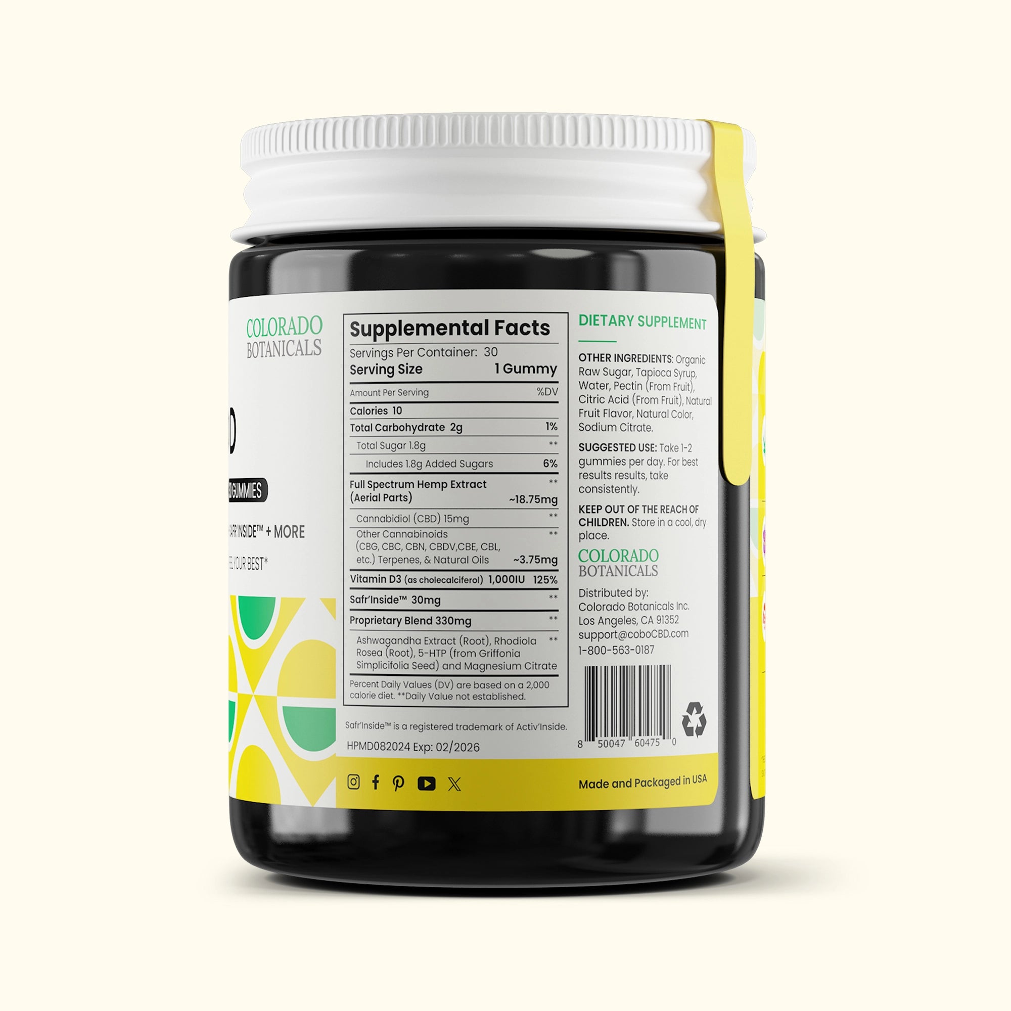 Supplemental facts view of Colorado Botanicals Happy Mood Gummies with CBD Ashwagandha Saffron to promote mood enhancing effects