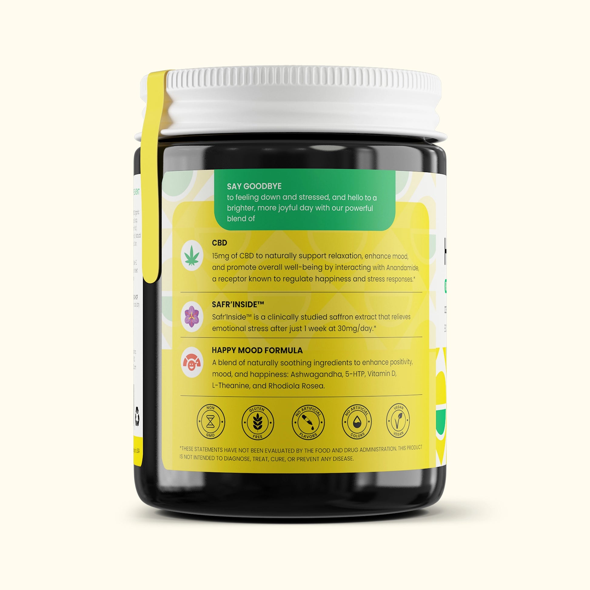 Side view of Colorado Botanicals Happy Mood Gummies with CBD Ashwagandha Saffron to promote mood enhancing effects