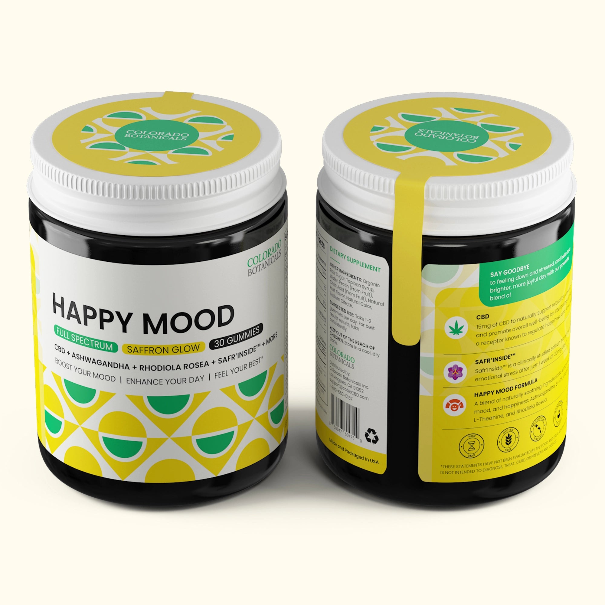 Top view of Colorado Botanicals Happy Mood Gummies with CBD Ashwagandha Saffron to promote mood enhancing effects