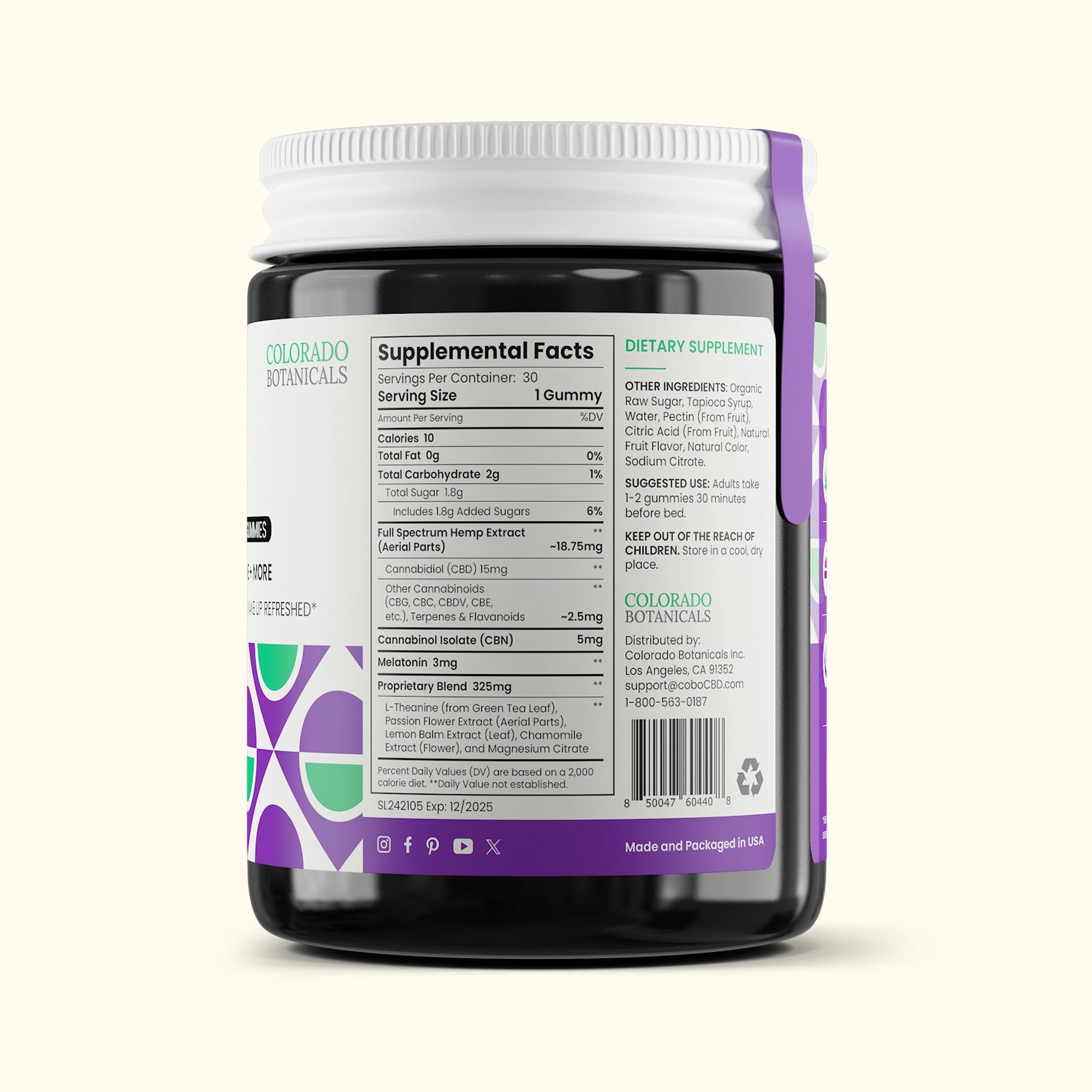 Supplemental facts side view of Colorado Botanicals CBD Gummies for Sleep with CBN and Melatonin Vegan Gluten-Free and Non-GMO Bottle