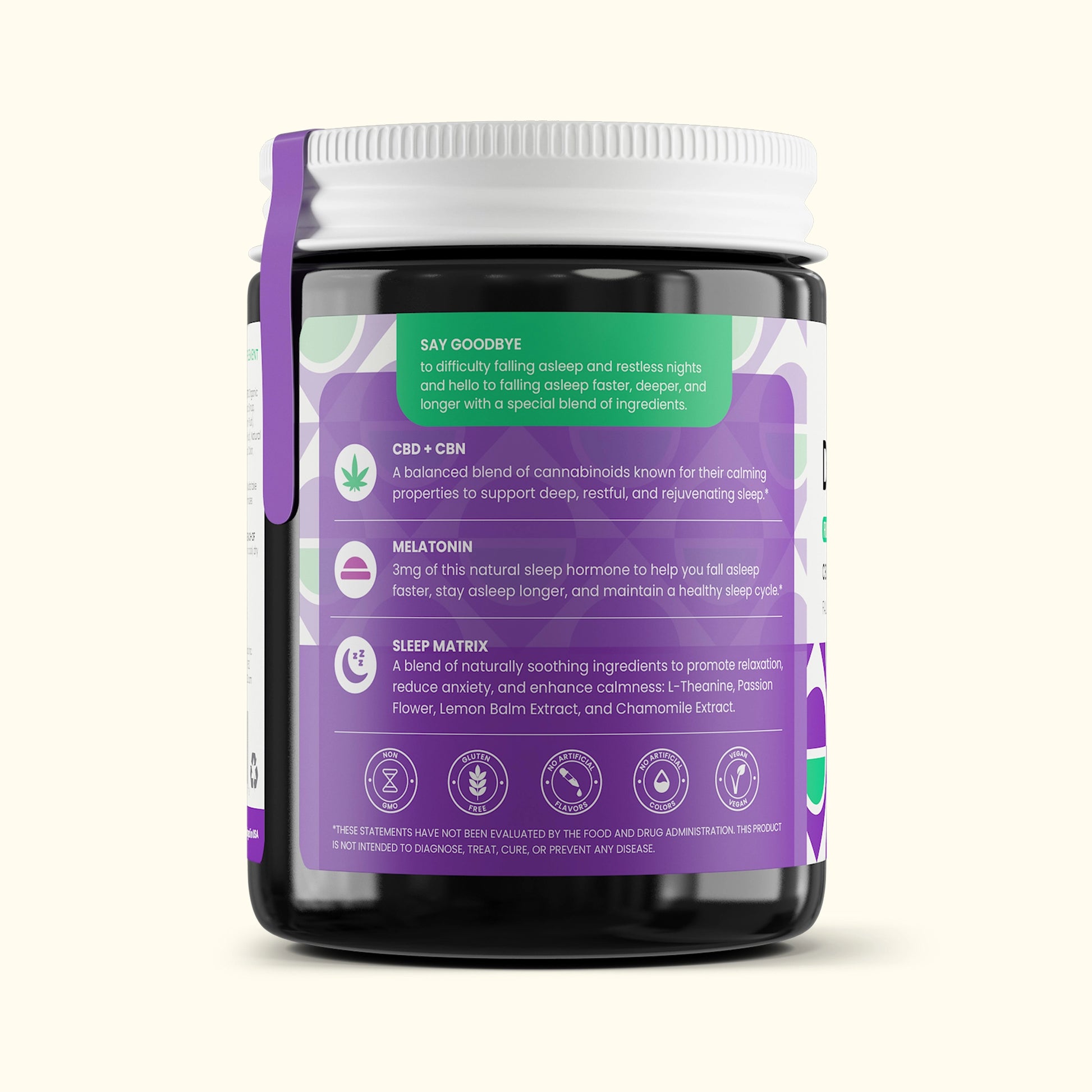 Side view of Colorado Botanicals CBD Gummies for Sleep with CBN and Melatonin Vegan Gluten-Free and Non-GMO Bottle