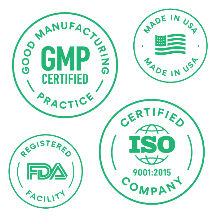 Colorado Botanicals certifications of Good Manufacturing Practice (GMP) Made in USA FDA Registered and ISO Certified badge icons