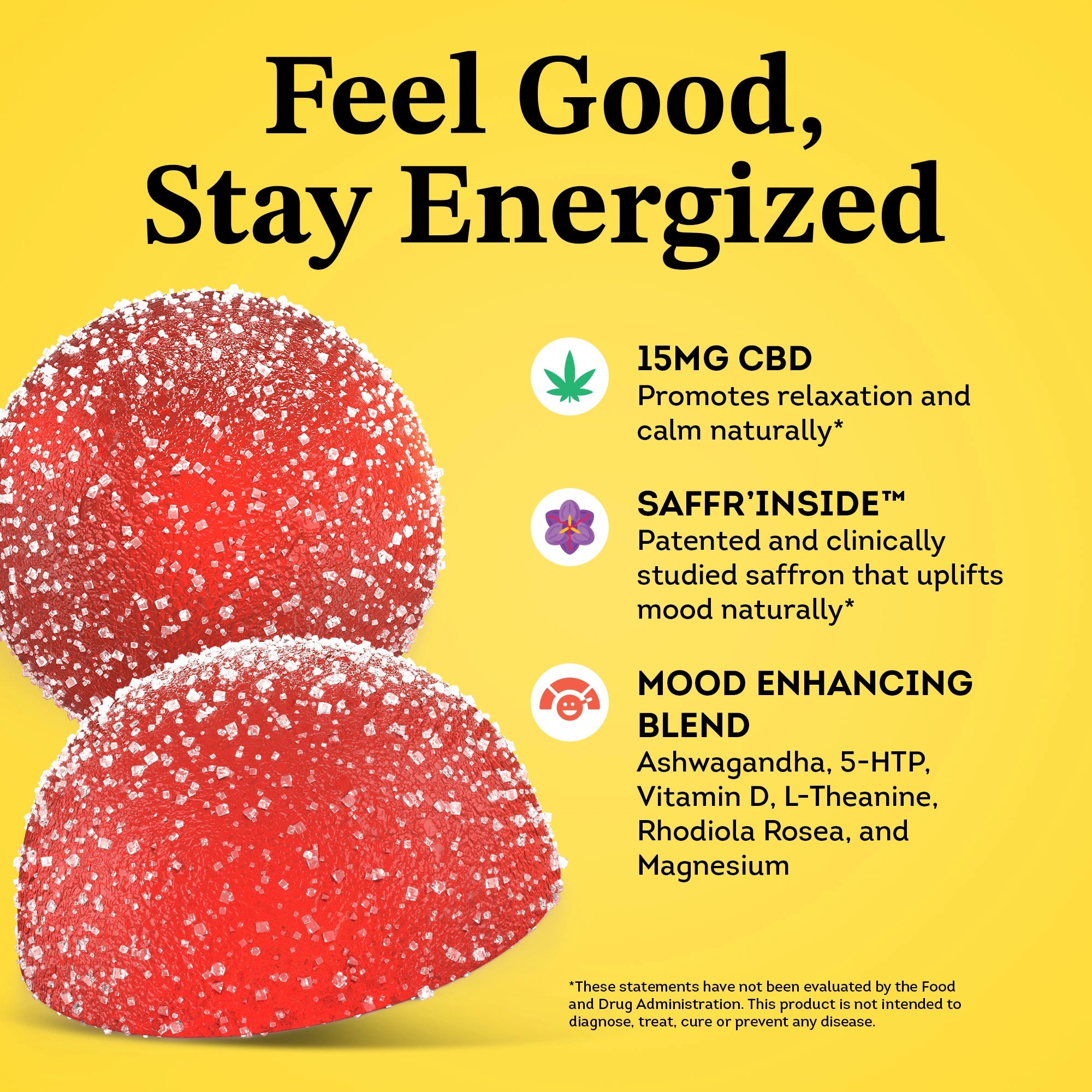 Feel Good, Stay Energized with our Mood Gummies with CBD, Saffron Ashwagandha 5-HTP Vitamin D L-Theainine and Rhodiola Rosea